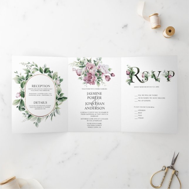 Dusty Rose Peonies Greenerity Wedding | Dreifach Gefaltete Einladung (Innenseite)