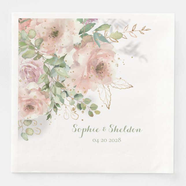 Dusty Rose Peony Eukalyptus Sparkling Gold Floral Serviette (Vorderseite)