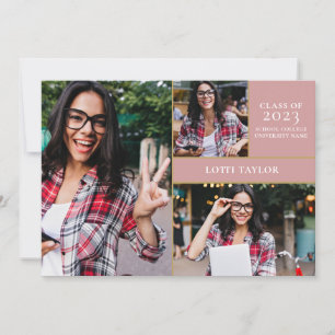 Dusty Rose Pink 3 Foto Gold Abschlussfeier Einladung