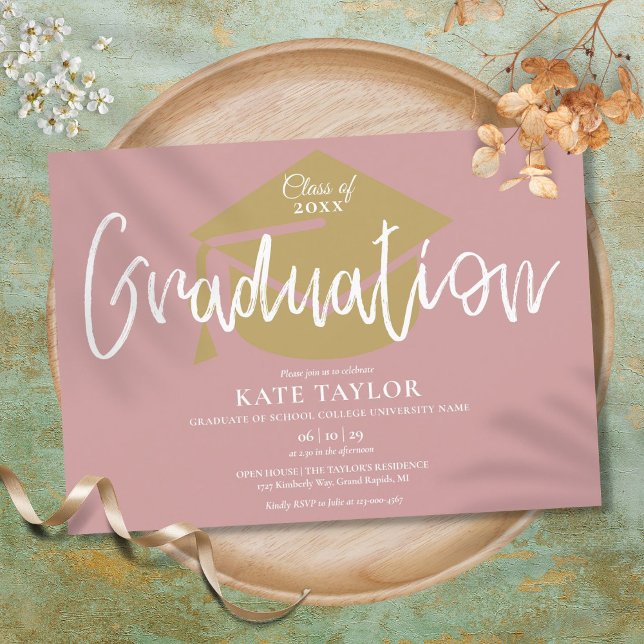 Dusty Rose Pink and Gold Script Graduation Party Einladung (Von Creator hochgeladen)