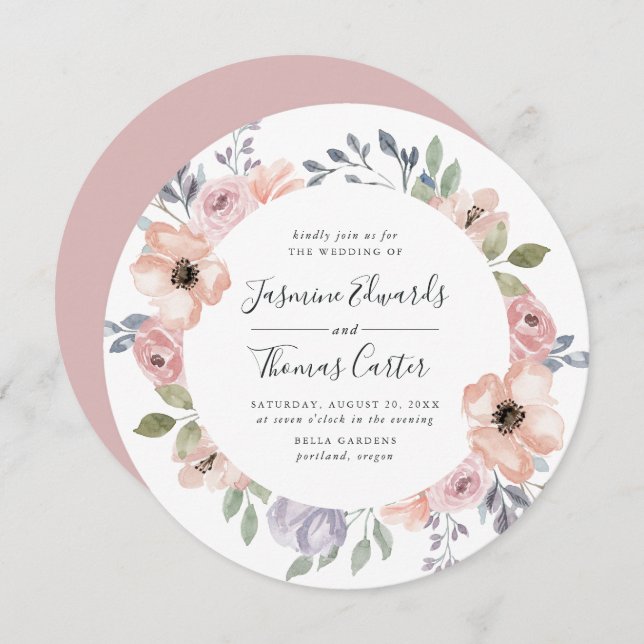 Dusty Rose Pink Aquarell Floral | Circle Wedding Einladung (Vorne/Hinten)