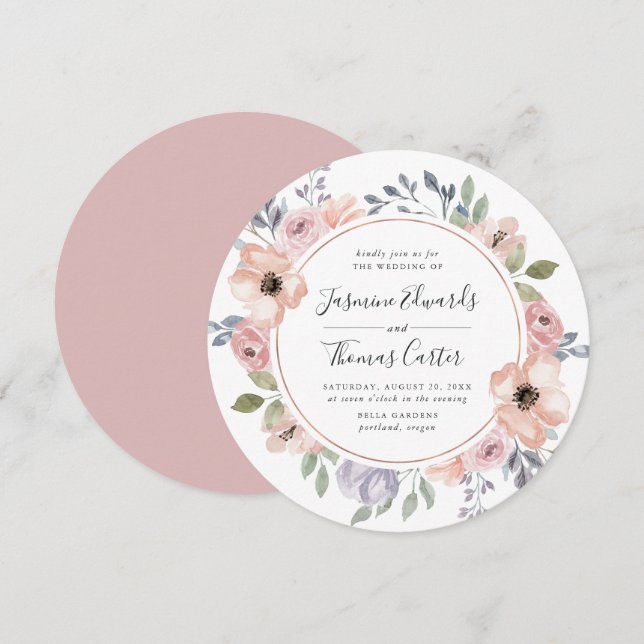 Dusty Rose Pink Aquarell Floral | Circle Wedding Einladung (Vorne/Hinten)