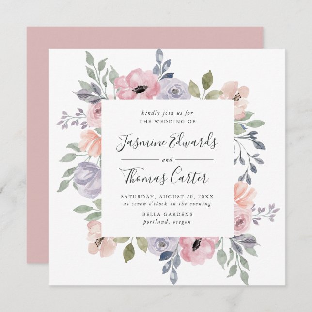 Dusty Rose Pink Aquarell Floral | Square Wedding Einladung (Vorne/Hinten)