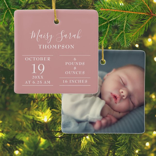Dusty Rose Pink Baby Girl Birth Stats Foto Keramikornament (Dusty Rose Pink Baby Girl Birth Stats Photo Ceramic Ornament)