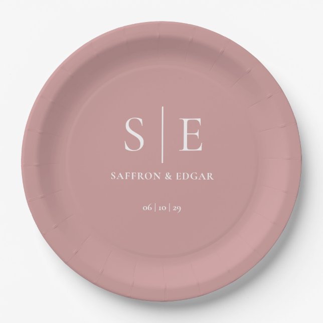 Dusty Rose Pink Chic Monogram Wedding Pappteller (Vorderseite)