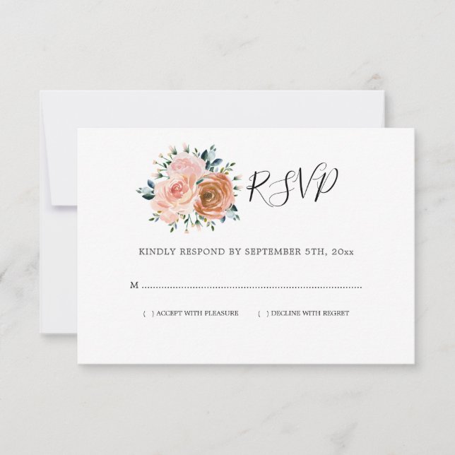 Dusty Rose Pink Coral Peach Botanische Hochzeit RSVP Karte (Vorderseite)