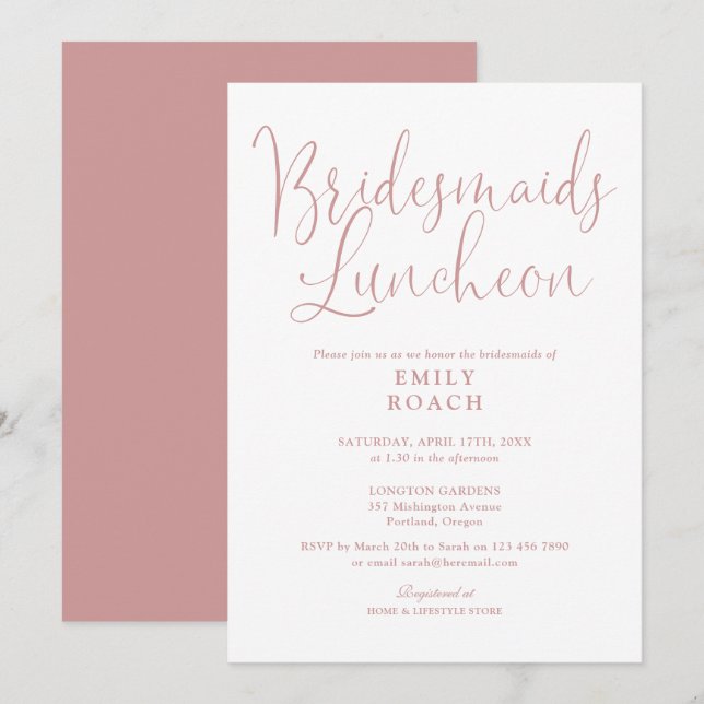 Dusty Rose Pink Elegant Bridesmaids Luncheon Einladung (Vorne/Hinten)