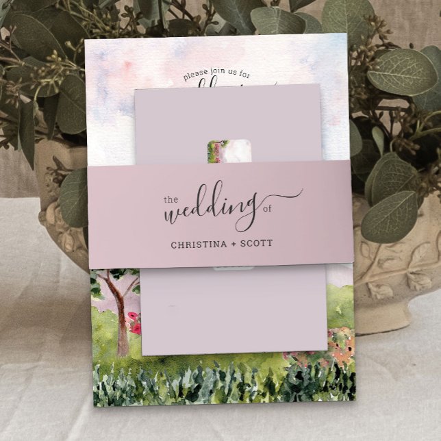 Dusty Rose Pink Elegant Drehbuch Hochzeit Einladungsbanderole (Dusty Rose Pink wedding invitation belly bands from the Country Meadow collection)