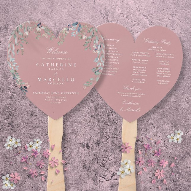Dusty Rose Pink Floral Cascade Hochzeitsprogramm Fächer (Dusty Rose Pink Floral Cascade Wedding Program Hand Fan)