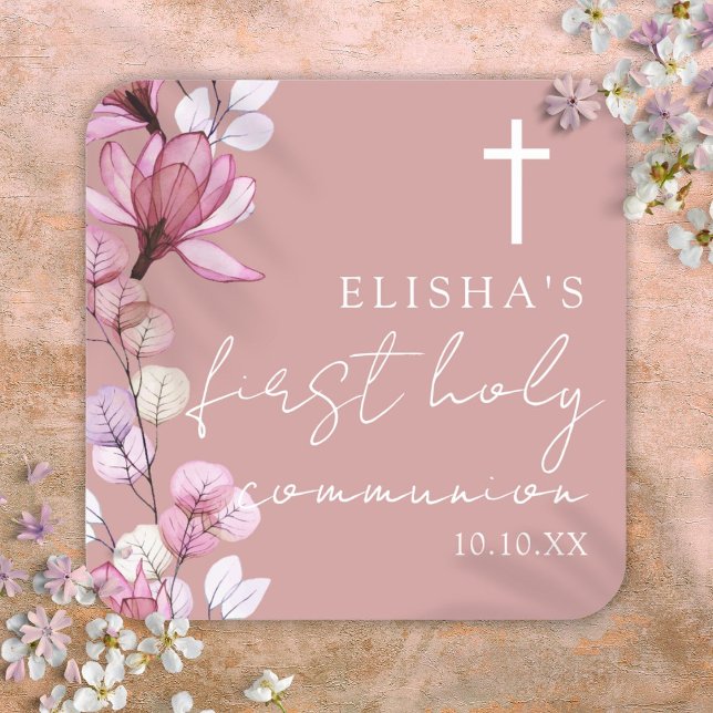Dusty Rose Pink Floral Erste Heilige Kommune Quadratischer Aufkleber (Dusty Rose Pink Floral First Holy Communion Square Sticker)