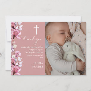 Dusty Rose Pink Floral Foto Taufe Christening Dankeskarte
