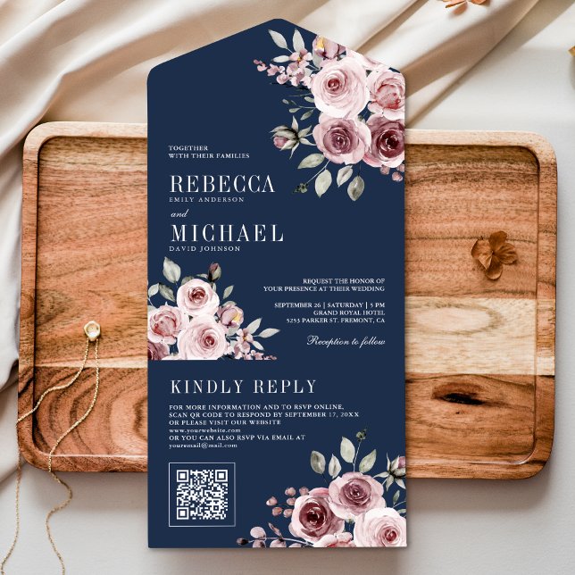 Dusty Rose Pink Floral Navy Blue QR Code Hochzeit All In One Einladung (Von Creator hochgeladen)