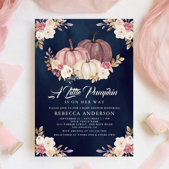 Dusty Rose Pink Floral Navy Pumpkin Baby Dusche Einladung (Von Creator hochgeladen)