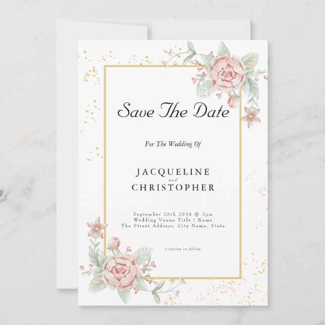 Dusty Rose Pink Floral Peony Save the Date Hochzei Einladung (Vorderseite)