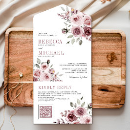 Dusty Rose Pink Floral QR Code Hochzeit All In One Einladung