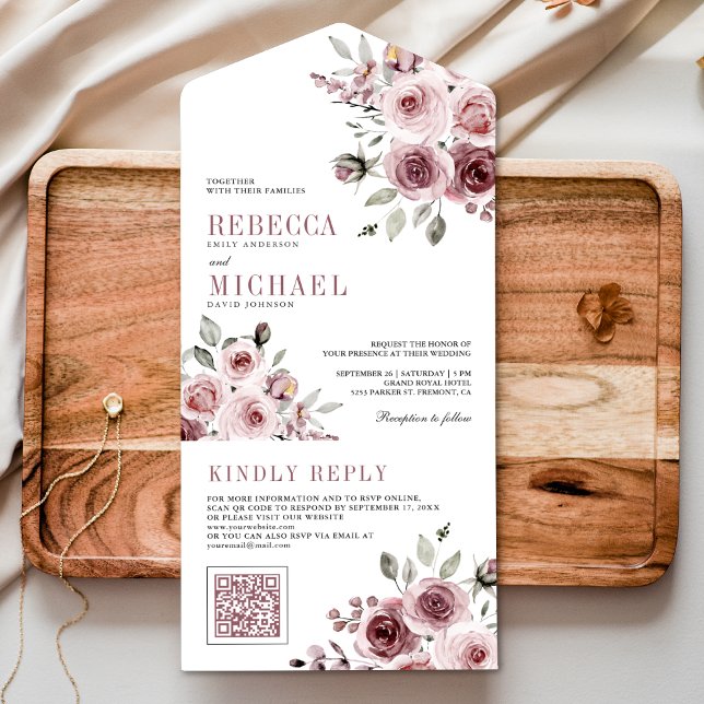Dusty Rose Pink Floral QR Code Hochzeit All In One Einladung (Von Creator hochgeladen)