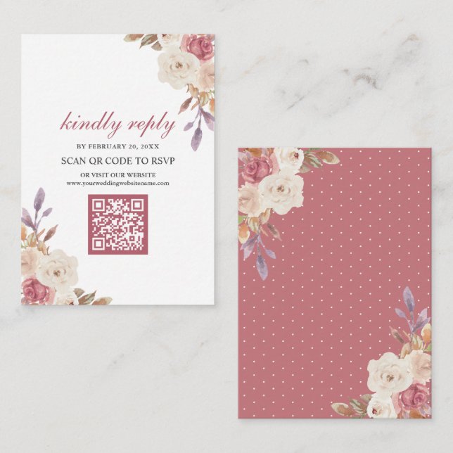 Dusty Rose Pink Floral QR Code UAWG Wedding Begleitkarte (Vorne/Hinten)