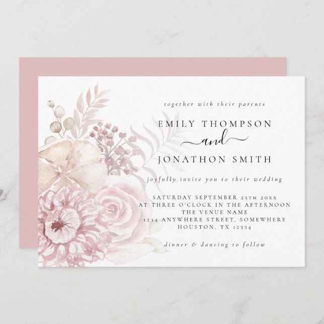 Dusty Rose Pink Florals Einladung Hochzeit (Vorne/Hinten)