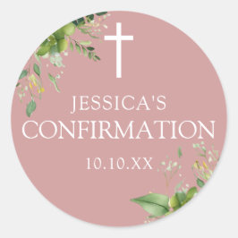 Dusty Rose Pink Greenery Floral Confirmation Gefal Runder Aufkleber