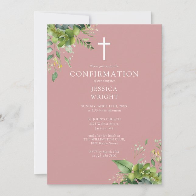 Dusty Rose Pink Greenery Monogram Confirmation Einladung (Vorderseite)