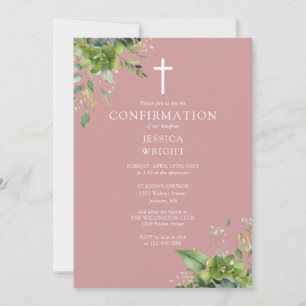 Dusty Rose Pink Greenery Monogram Confirmation Einladung