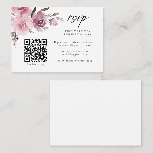 Dusty Rose Pink Mauve Floral QR Code Wedding RSVP Begleitkarte (Vorne/Hinten)