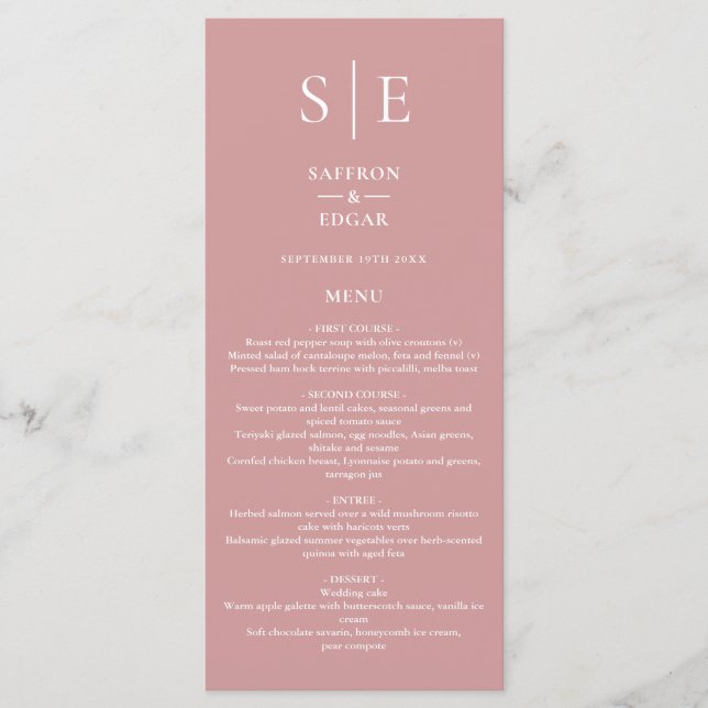 Dusty Rose Pink Monogram Wedding Dinner Menükarte (Vorderseite)