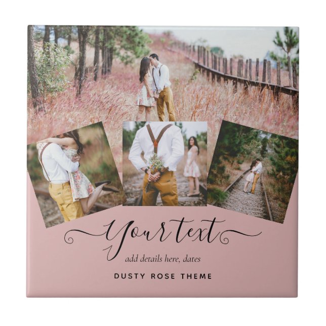 Dusty Rose Pink Newlyweds Wedding FOTO Gift Fliese (Vorderseite)
