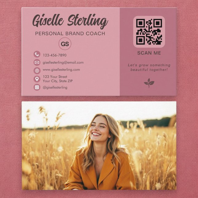 Dusty Rose Pink QR Foto Monogramm Visitenkarte (Von Creator hochgeladen)