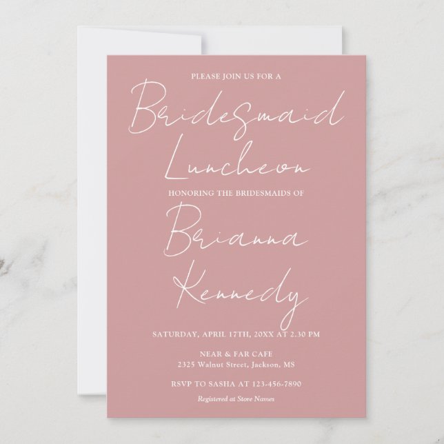 Dusty Rose Pink Script Bridesmaids Luncheon Einladung (Vorderseite)