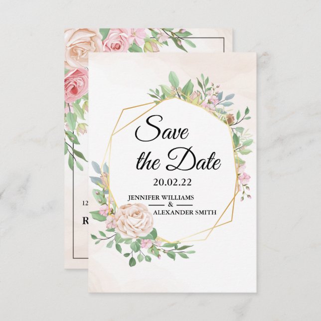 Dusty Rose Pink und Gold Blumengrün Hochzeit Save The Date (Vorne/Hinten)