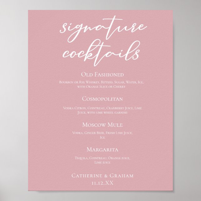 Dusty Rose Pink Wedding Signature Cocktails Menü Poster (Vorne)