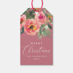 Dusty Rose Pink Winter Floral   Romantische Weihna Geschenkanhänger