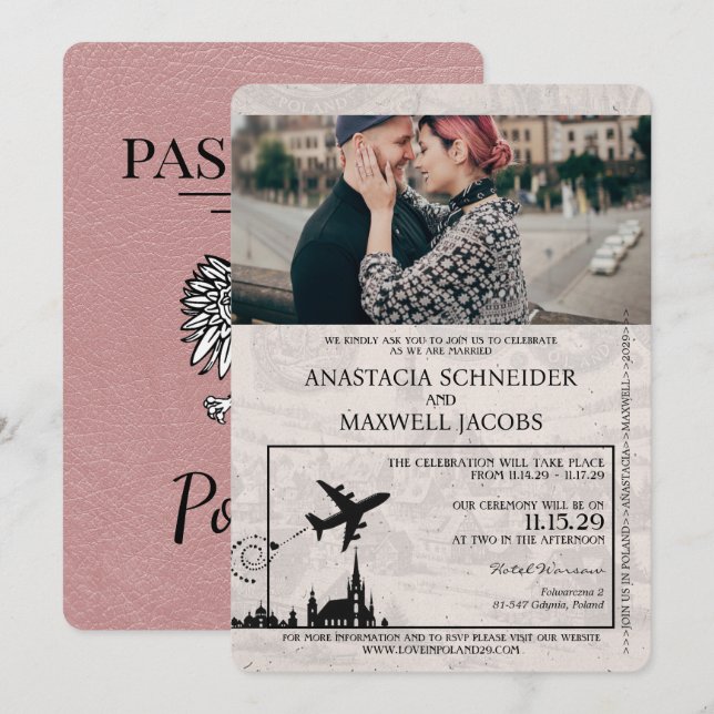 Dusty Rose Polen Pass Einladung Hochzeit (Vorne/Hinten)