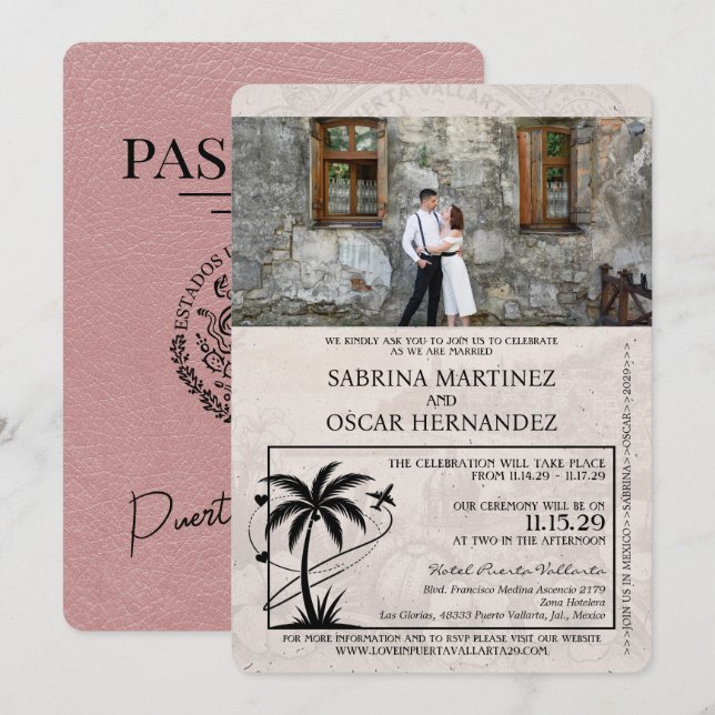 Dusty Rose Puerta Vallarta Pass Hochzeit Einladung (Vorne/Hinten)
