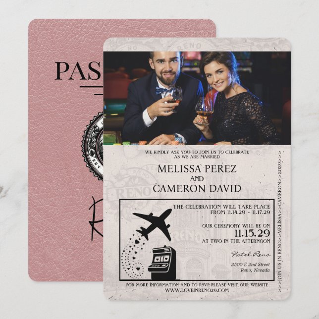 Dusty Rose Reno Passport Hochzeit Einladung (Vorne/Hinten)
