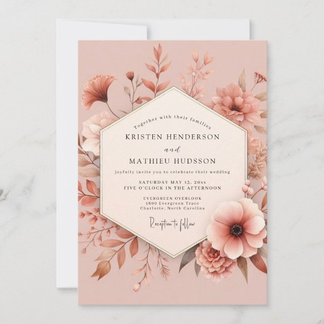 Dusty Rose Romantic Bloom Wedding Einladung (Vorderseite)
