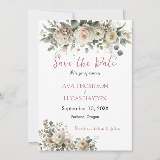 Dusty Rose Romantic Floral Save the Date Card (Vorderseite)