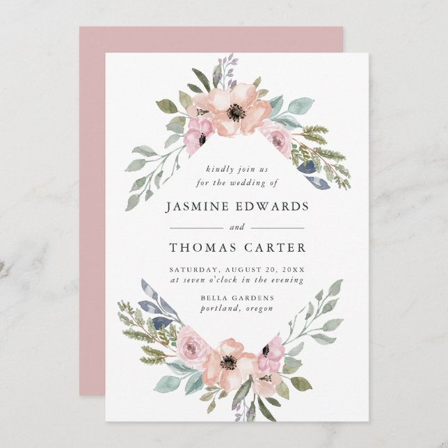 Dusty Rose Rosa Aquarellrahmen | Hochzeit Einladung (Vorne/Hinten)