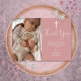 Dusty Rose Rosa Elegantes Script Foto Taufe Dankeskarte