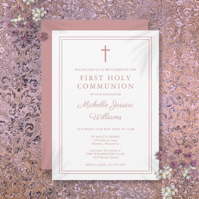 Dusty Rose Rosa Grenze Erste Heilige Kommune Einladung (Dusty Rose Pink Border First Holy Communion Invitation)