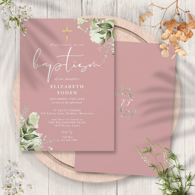 Dusty Rose Rosa Grüne Blumenmonogramm Taufe Einladung (Dusty Rose Pink Greenery Floral Monogram Baptism Invitation)