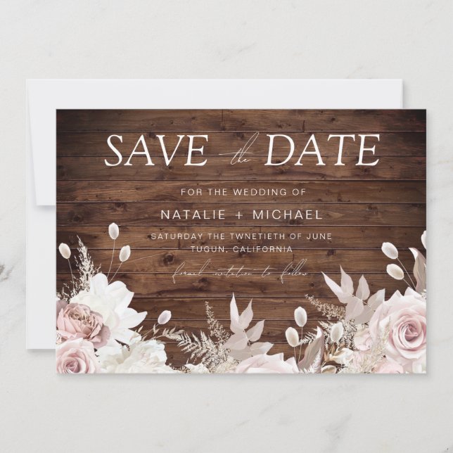 Dusty Rose & Rustic Boho Blues Hochzeit Save The Date (Vorderseite)