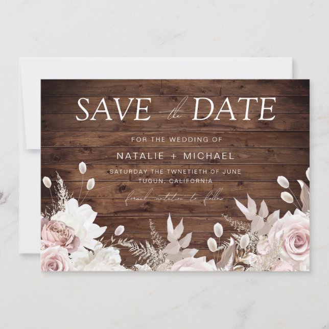Dusty Rose & Rustic Boho Floral Blush Wedding Save The Date (Vorderseite)