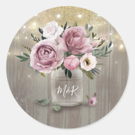 Dusty Rose Rustic Country Floral Mason Jar Runder Aufkleber
