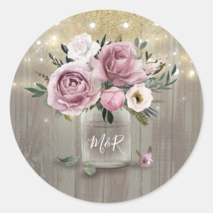 Dusty Rose Rustic Country Floral Mason Jar Runder Aufkleber