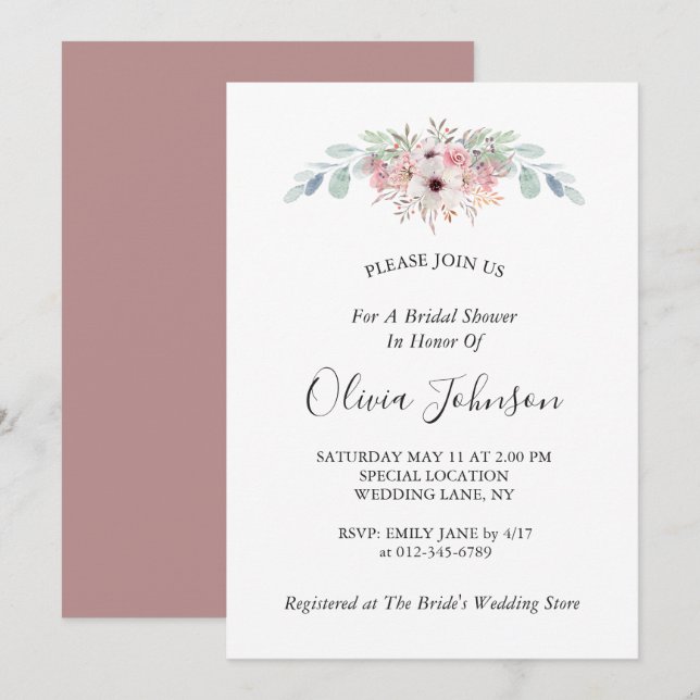 Dusty Rose Rustikales Eukalyptus-Brautparty Einladung (Vorne/Hinten)