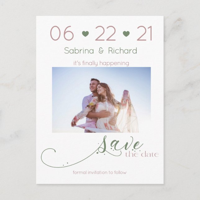 Dusty Rose & Sage Foto Save the Date Minimalistisc Postkarte (Vorderseite)