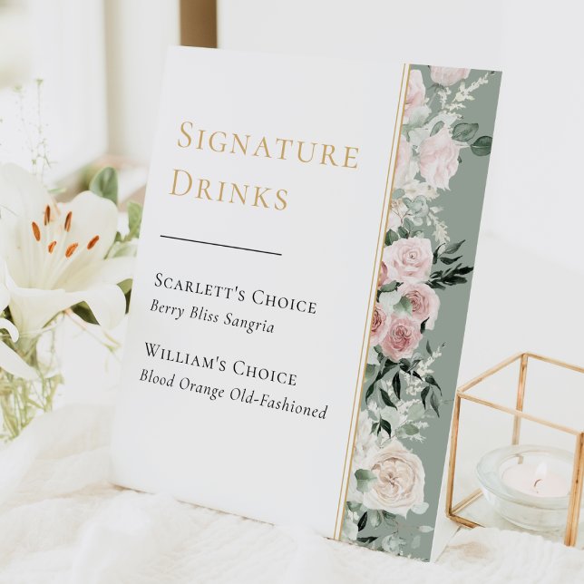Dusty Rose Sage Green Wedding Signature Drinks Sockelschild (Von Creator hochgeladen)