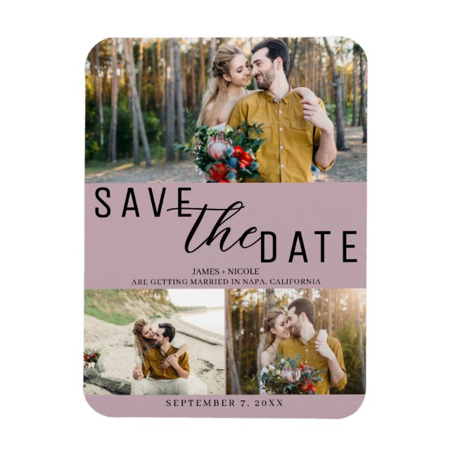 Dusty Rose Save the Date Hochzeit 3 Fotos Magnet (Vertikal)